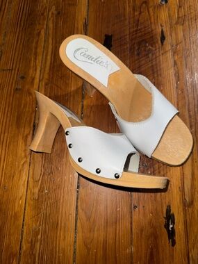 Candie's White Studded Leather Mule Heels
